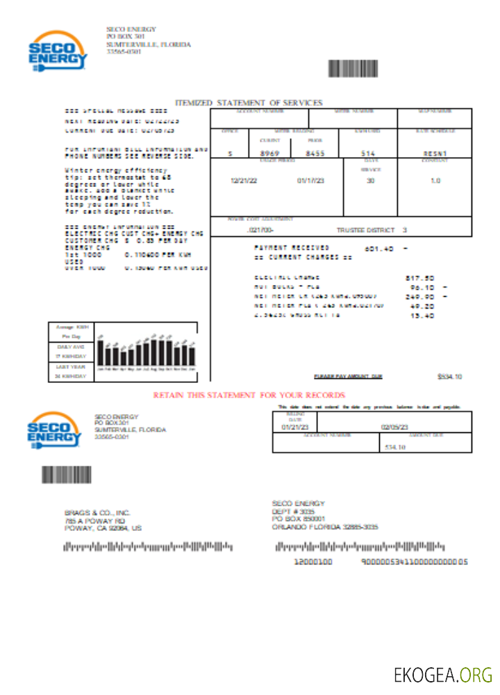 Facture commerciale du service public de Seco Energy, SCR